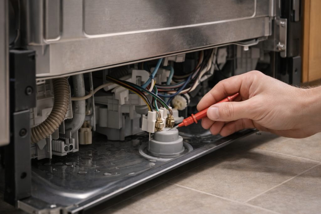 Technician testing a dishwasher float switch with a multimeter underneath the dishwasher.