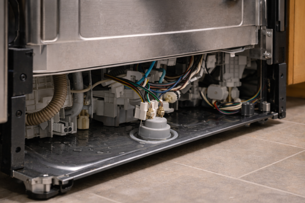 Float switch component located underneath a dishwasher tub with the lower access panel removed.