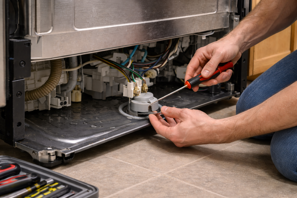 Replacing a dishwasher float switch underneath the appliance with the lower access panel removed.
