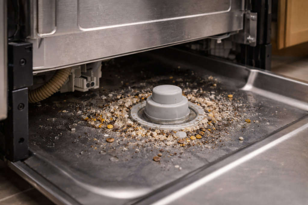 Mineral buildup and debris around a dishwasher float assembly that can cause float switch problems.
