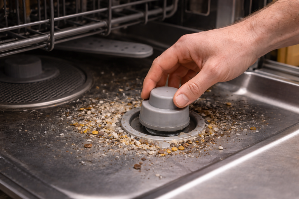 Hand lifting the dishwasher float inside the tub to check if the float switch mechanism moves freely.