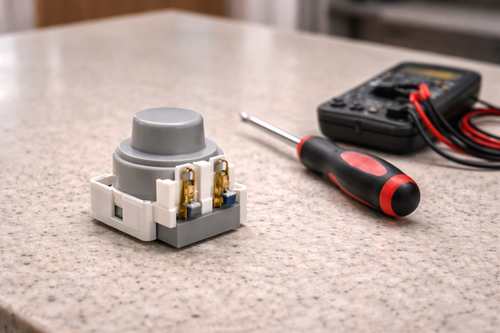 Dishwasher float switch replacement part on a kitchen counter next to basic appliance repair tools.