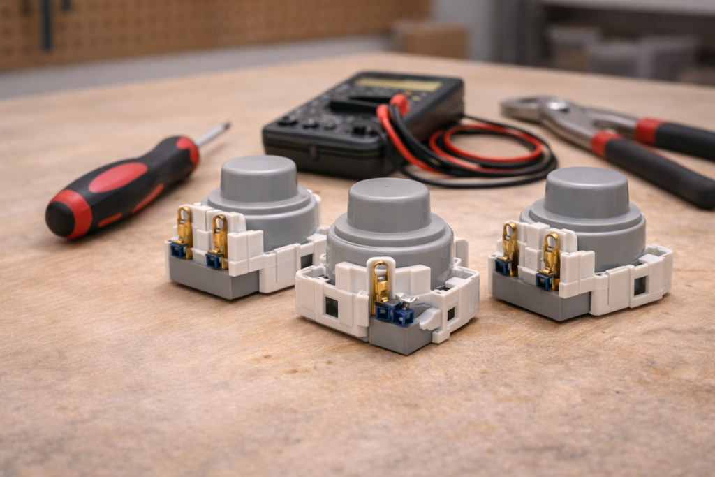 Several dishwasher float switch replacement parts placed on a workbench ready for appliance repair.