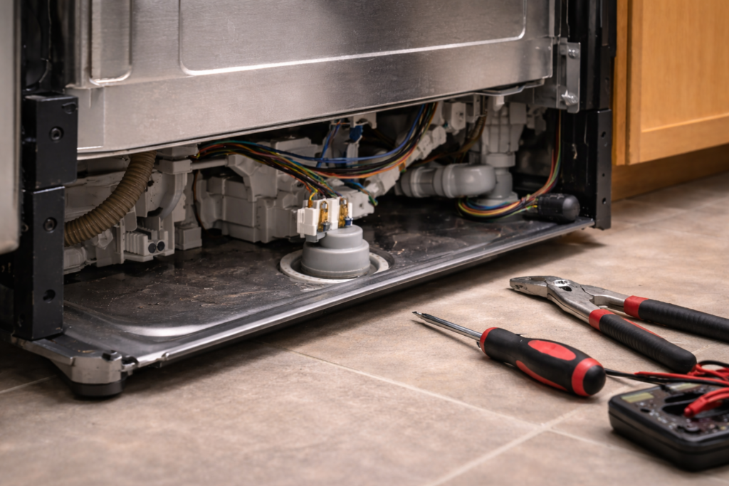 Float switch component underneath a Whirlpool dishwasher with the lower access panel removed.