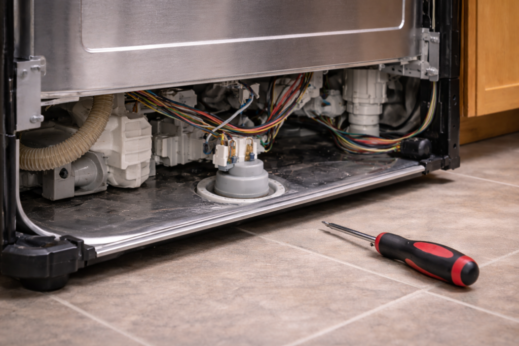 GE dishwasher float switch mounted underneath the dishwasher with the lower panel removed.