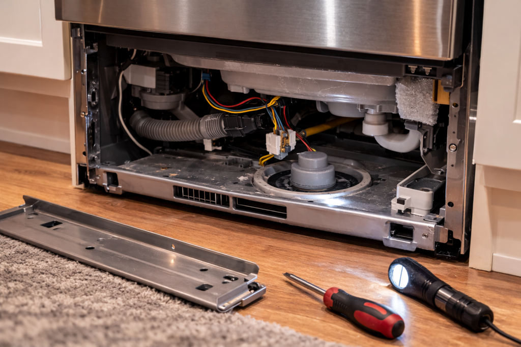 Float switch component underneath a modern dishwasher with the lower access panel removed during repair.