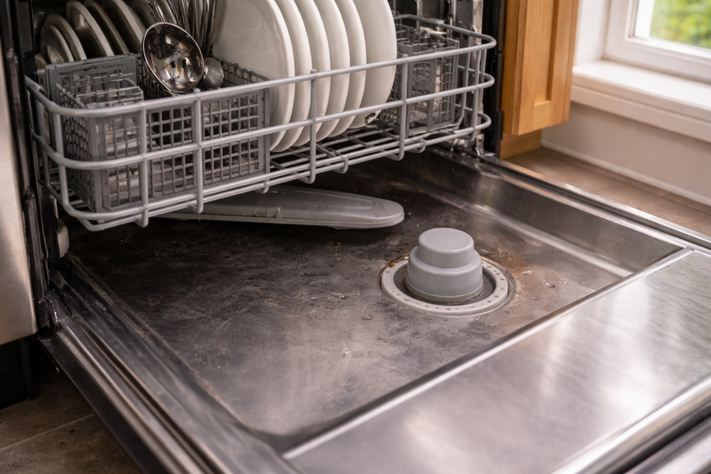 Dishwasher interior showing the float dome on the tub floor that activates the float switch controlling water level.